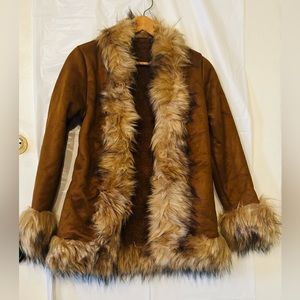 Shein Faux Suede Coat with Fuzzy Trim/ Open Front/ Brown/Brand New